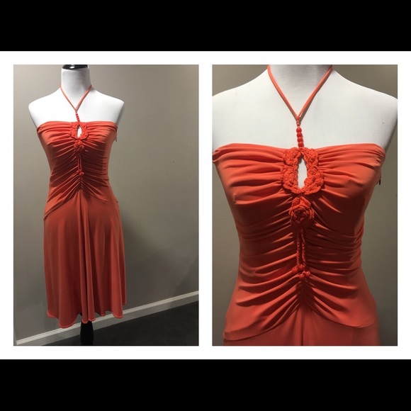 Rouged light coral/orange halter dress - Picture 1 of 4