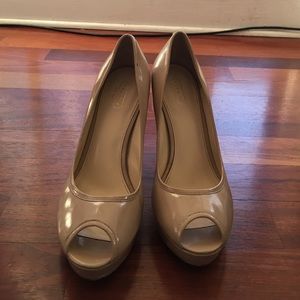 Coach patent leather peep toe nude pumps