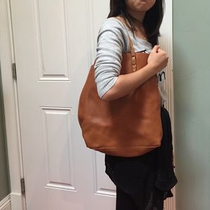 Light brown/orange genuine soft leather tote bag