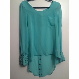 Turquoise Sheer Top Studded Cuffs & Split Sleeves