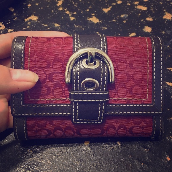 Coach Deep Red Mini C & Brown Leather Wallet