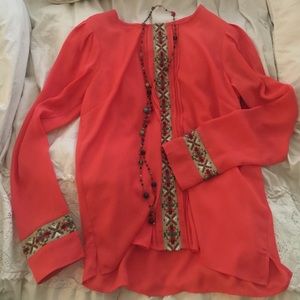 Beautiful Bohemian Orange Blouse w/ Aztec Accent