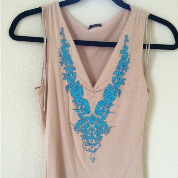 Tan tank with turquoise beading