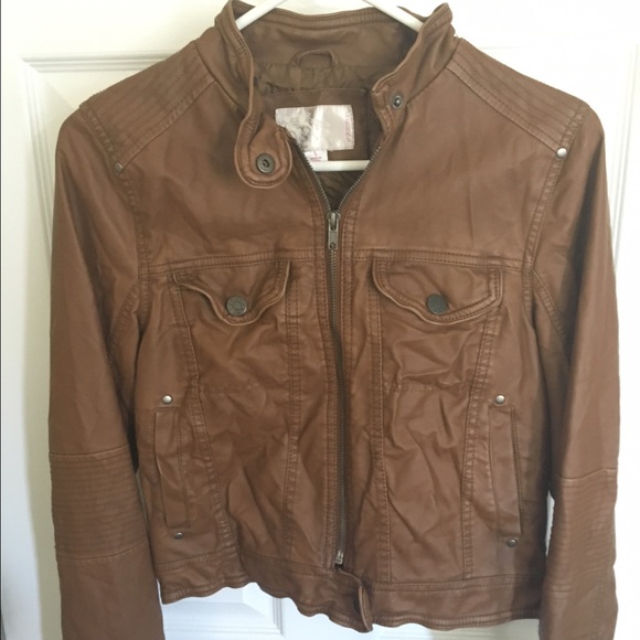 Brown Faux Leather Bomber Jacket Small - Picture 1 of 4