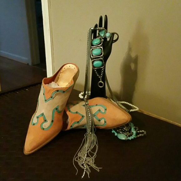 BCBG cowgirl mules