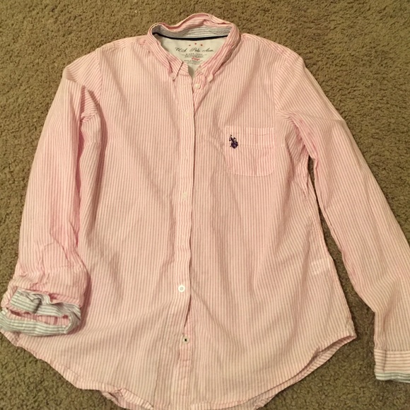 Pink and white striped polo button down