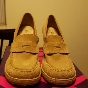 Dr. Scholl's 3 inch tan suede loafer wedges