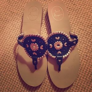 Jack Rogers flip flops. navy blue and gold.