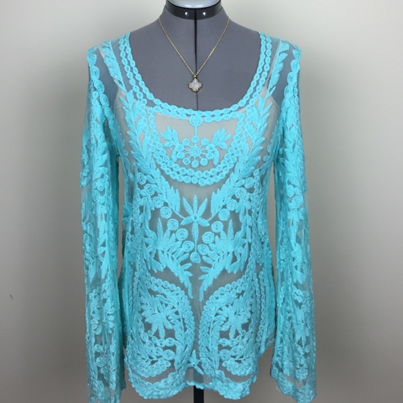 Sheer Baby Blue Long Sleeve Blouse w/Embroidery