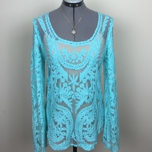 Sheer Baby Blue Long Sleeve Blouse w/Embroidery