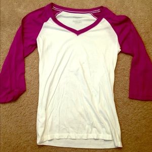 Purple and white baseball tee.