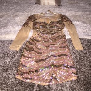 Nude Sequin gold mesh sleeved cocktail dress