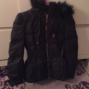 Juicy couture black peplum coat with fur hood