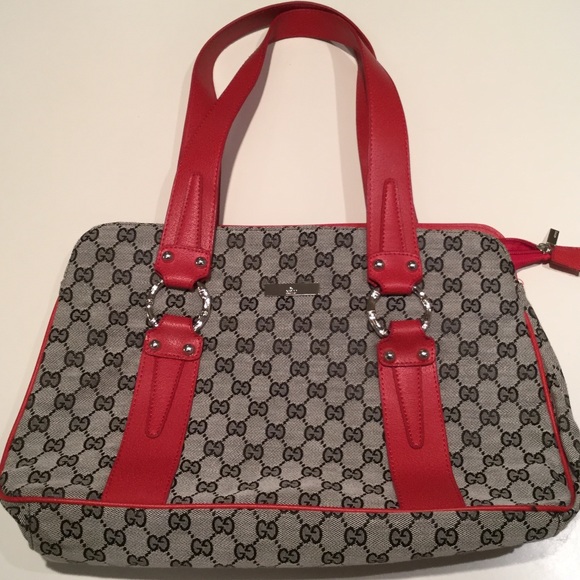 Grey and black with red PU trim and straps