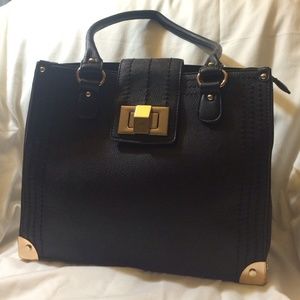 Melie Bianco Black Vegan Leather Satchel Gold