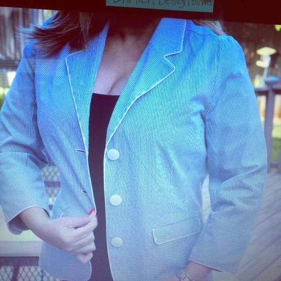 Jacket that is blue with white stripes