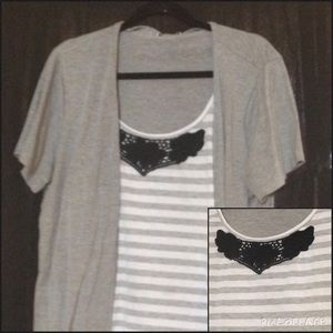 Grey Stripped Top W/Lace Pattern