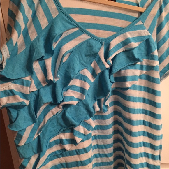 blue striped ruffled v-neck