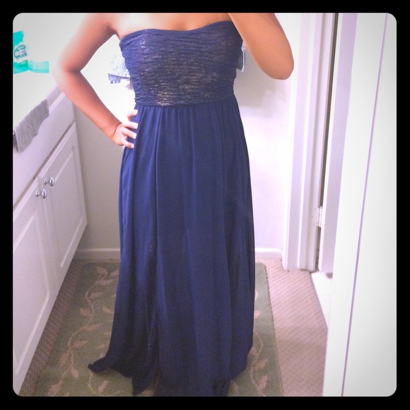 Strapless gold-flecked blue Maxi Dress
