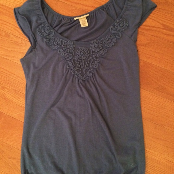 Blue Embroidered Floral Top Ruffle Sleeves size S