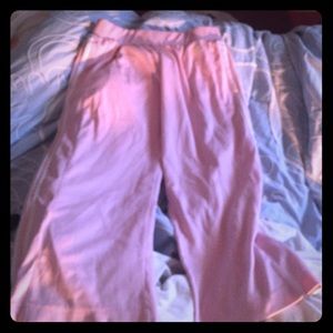 Pink and white striped adidas workout capris