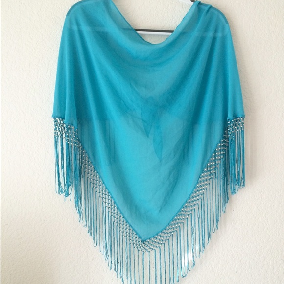 Vintage Turquoise Beaded Fringe Shawl