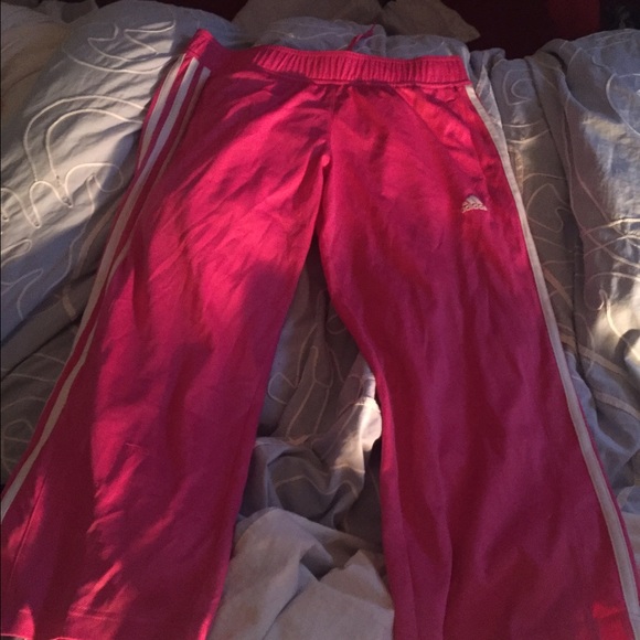 Pink and white striped adidas capris