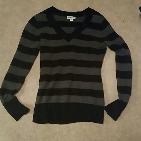 Gray and Black V-neck Striped Sweater