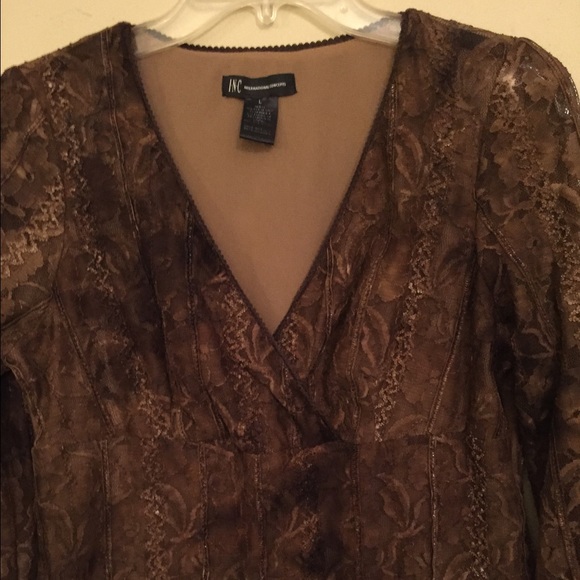 INC Brown lace V-neck top - Picture 3 of 3