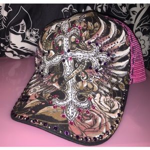 Rhinestone Cross Hat - Pink & Black
