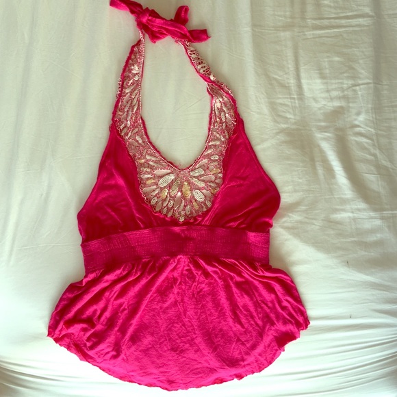 Free People Tops - Free People pink beaded halter tank with low back