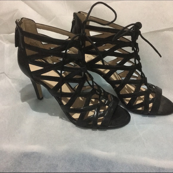 NINE WEST lace up heels black leather zip up - Picture 2 of 4
