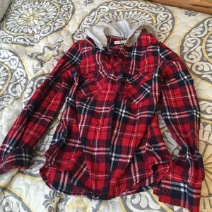 Flannel shirt with hood.