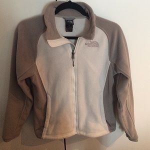 White and Grey North Face fleece jacket