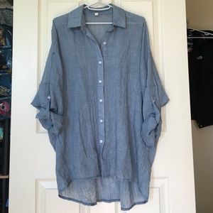 Blue/gray boyfriend fit woven button down