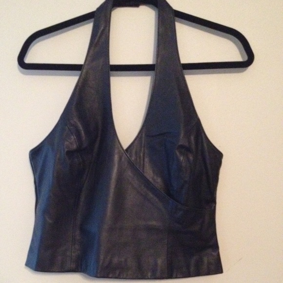 Cache Black Leather Halter Top