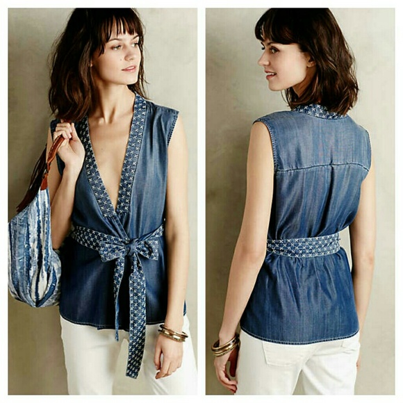 Anthropologie Stitched Chambray Vest