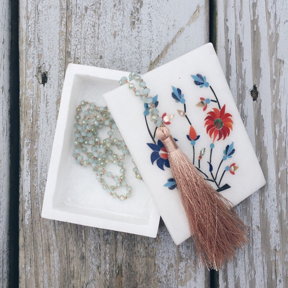 •HP•champagne tassel necklace w/ sea foam beading.