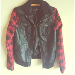 Leather Jacket -Plaid Sleeves