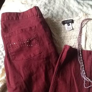 Maroon or rusty red Riders by Lee jeans.