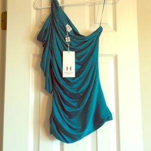 Halston Heritage one shoulder rouched top in teal