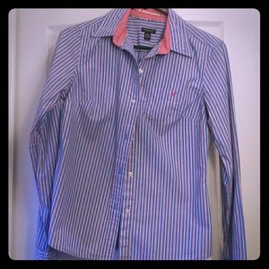American Eagle pink and blue striped button up