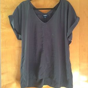 Flatteringly draped steel-grey blouse