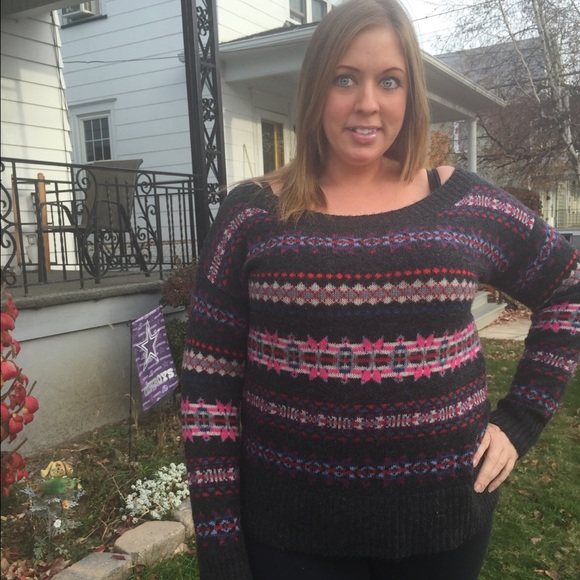Grey fair isle boatneck wool sweater - Picture 2 of 2