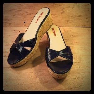 Prada navy blue patent leather cork wedge slides