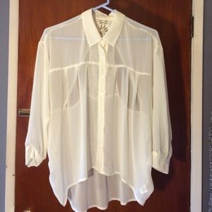 Sheer button down top, back lace detail, opening.