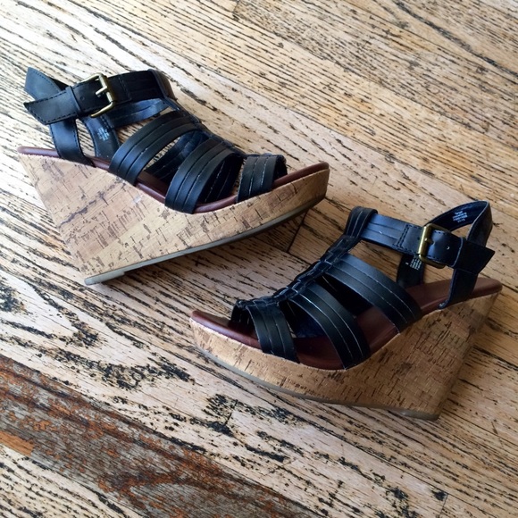 Strappy black cork wedges