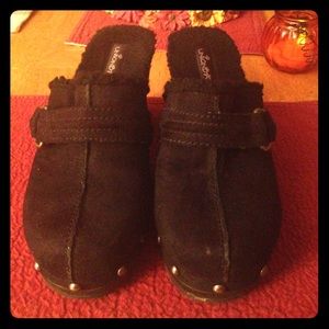 Black faux fur lined silver studded shoes