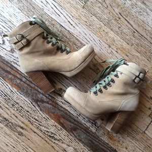 Beige suede lace-up platform booties