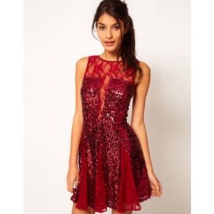 ASOS Red Skater Dress In Sequin & Lace
